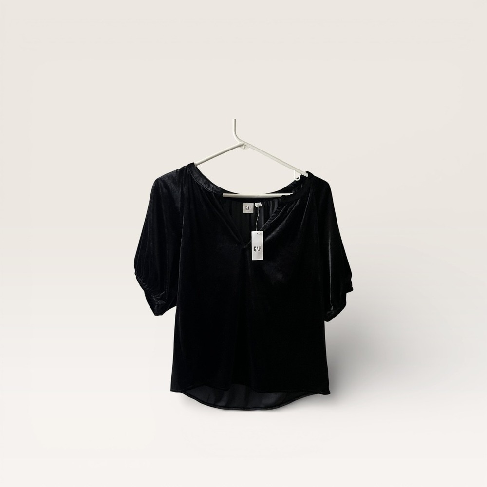 GAP Black Velvet Puff Sleeve Blouse Split Neck Top Womens Size S New With Tags - Picture 2 of 9